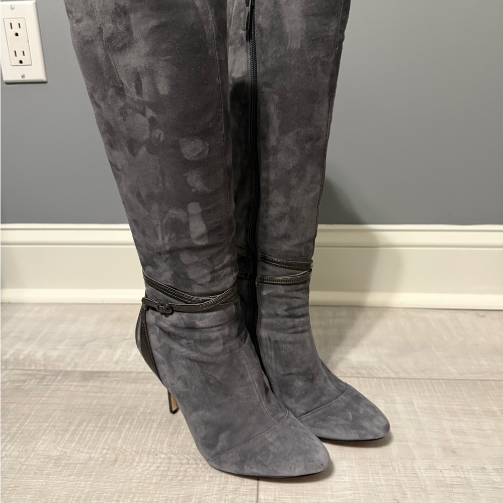 White House Black Market Charcoal Over the Knee Suede Boots - Alexina, Size 8